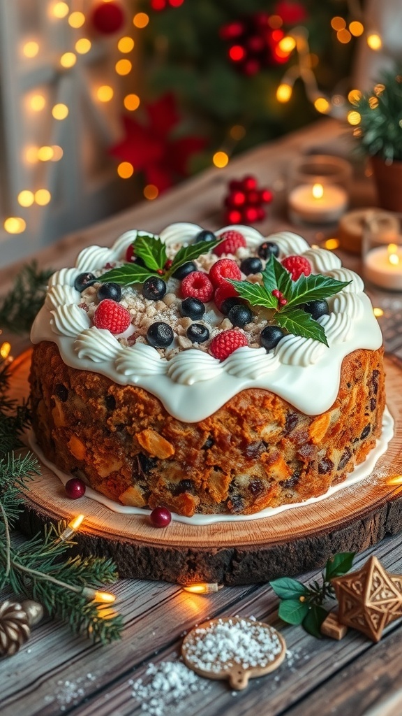 A traditional Christmas cake decorated with icing and holly, on a wooden table with holiday decorations.
